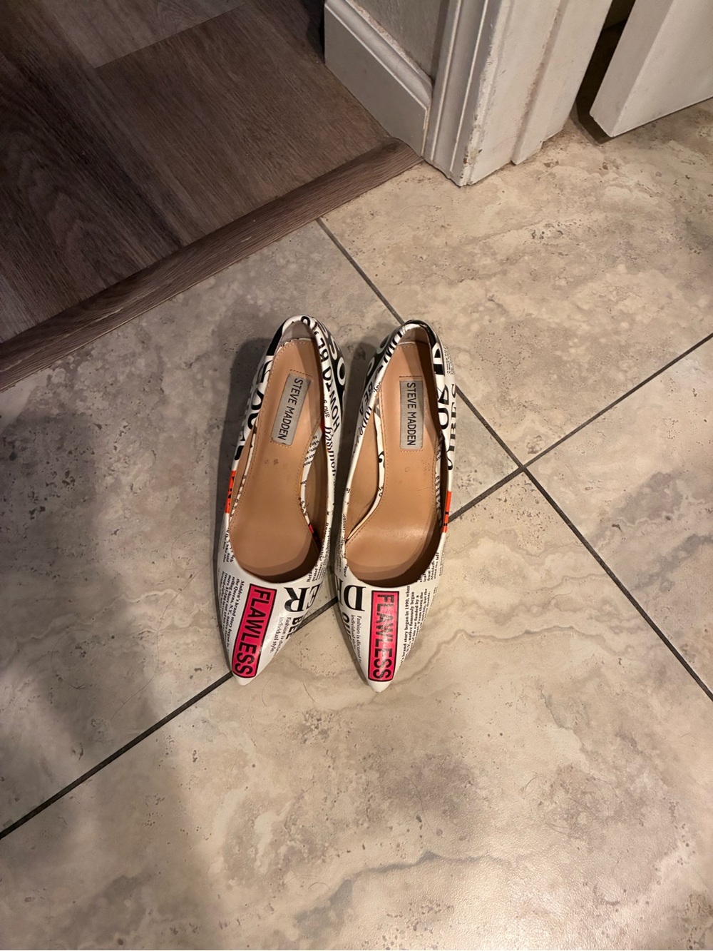 Steve Madden White Newsprint Pointed-Toe Flats with Pink Accents very RARE